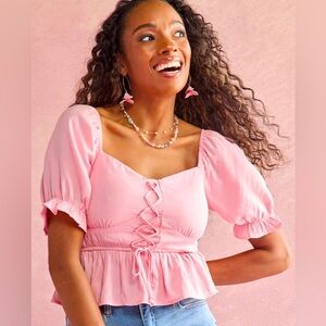 Lace Up Front Short Sleeve Blouse Top